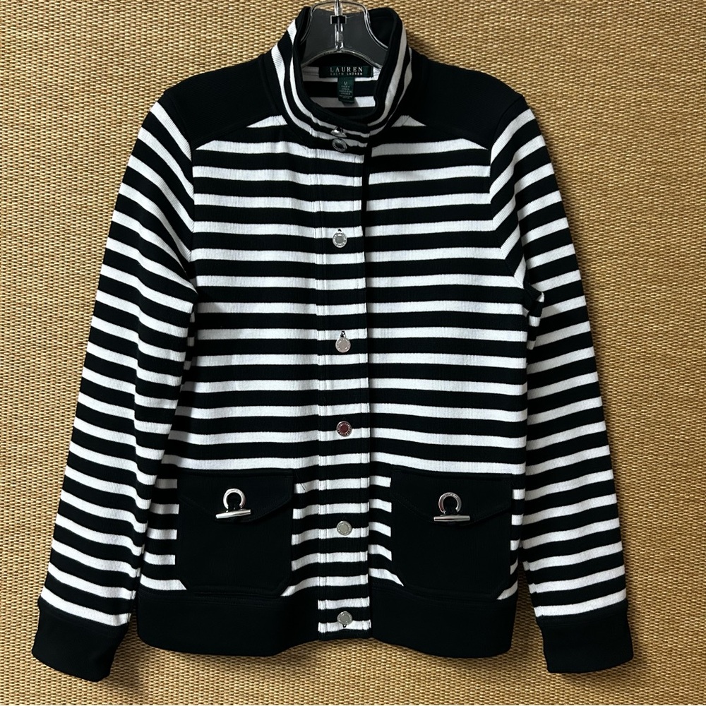 Lauren Ralph Lauren Cardigan Sweater Womens Medium Black White Stripe